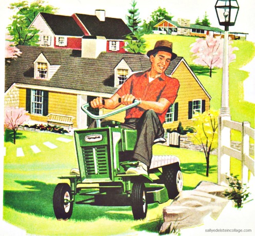 Suburban 1950s man mowing lawn