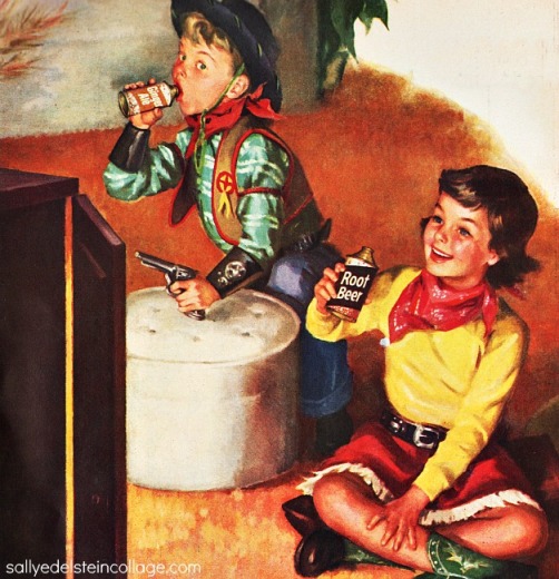 vintage ad illustration children dressed as cowboys watching TV 1950s