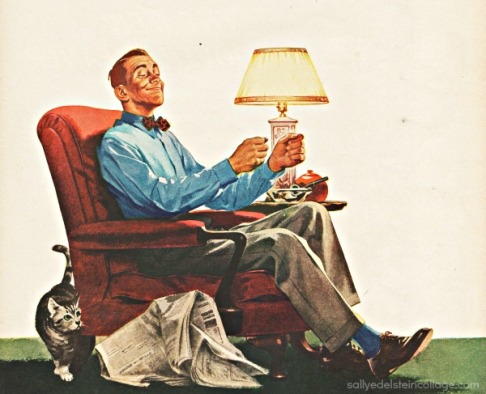 Vintage car ad illustration mid century man in chair 