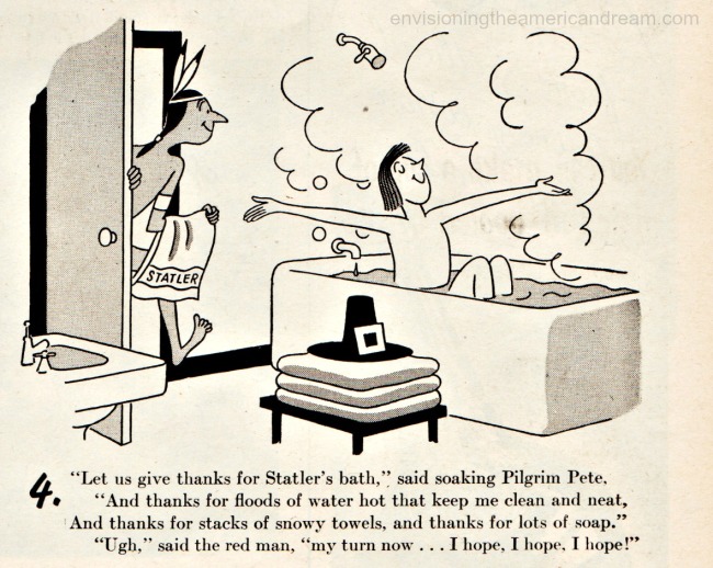 vintage ad cartoon with Pilgrim and Indian