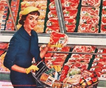 Vintage photo housewife shopping for meat
