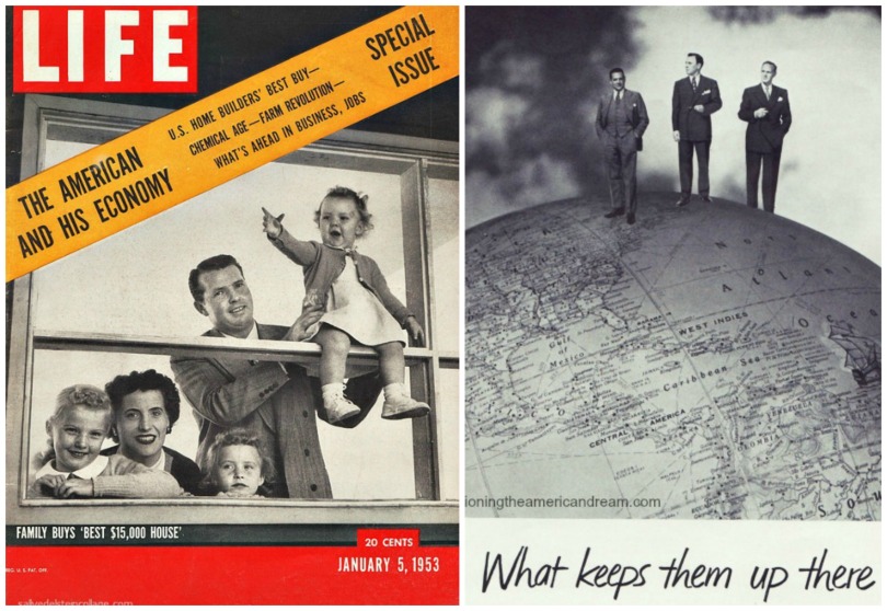 collage- Vintage cover Life Magazine The American and His Economy and businessmen standing on top of the world