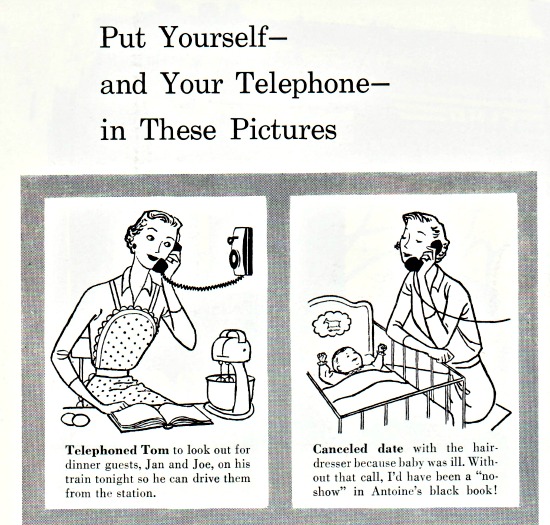 vintage illustration 1950s Housewife and the telephone.