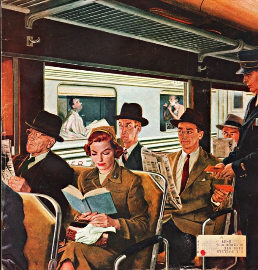 vintage illustration train commuters 