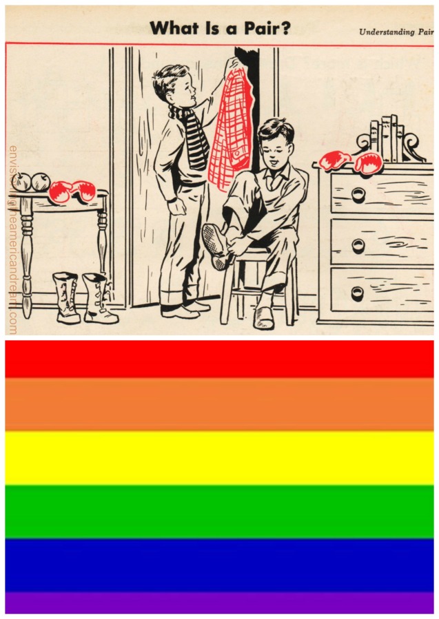 Vintage schoolbook illustration and gay pride flag